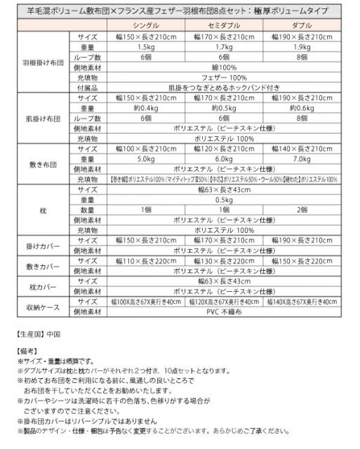 MITAS寝具SELECT 布団セット 布団 セミダブル カバー付き 来客用 敷き布団 掛け布団 枕 布団カバー 敷布団カバー 収納ケース 収納袋 極厚布団 羊毛混ボリューム敷布団×フランス産フェザー羽根布団8点セット ボリュームタイプ セミダブル8点セット