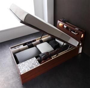 ベッド セミダブルベッド 収納付きベッド マットレス付き 収納 収納付 跳ね上げベッド 深型 コンセント付 大容量 宮付き 照明 おしゃれ お客様組立 国産カバーポケットコイルマットレス付 セミダブル 深さラージ