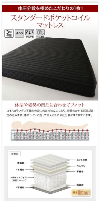 棚・コンセント付きフロアベッド プレミアムポケットコイル マットレス付き セミダブル