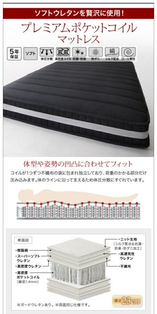 棚・コンセント付きフロアベッド プレミアムポケットコイル マットレス付き セミダブル