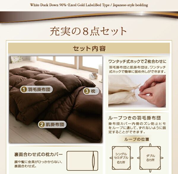 スーパSALE10倍&4時間限定10%OFF 極厚布団 エクセルゴールドラベルダックダウン90%羽毛布団8点セット プレミアム敷布団 ボリュームタイプ シングル8点セット