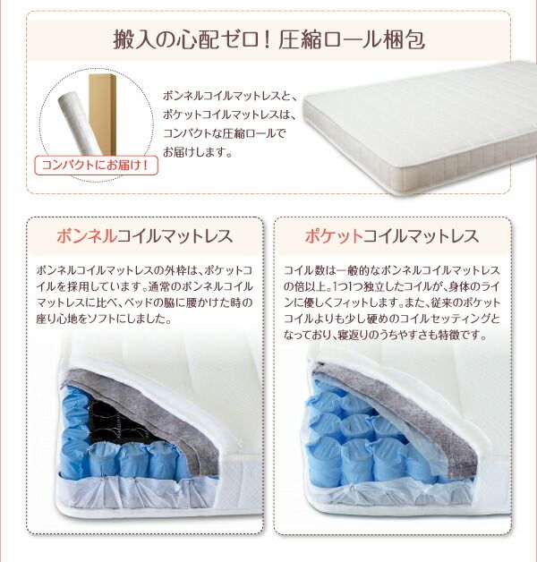 親子で寝られる棚・照明付き連結ベッド ポケットコイルマットレス付き セミシングル