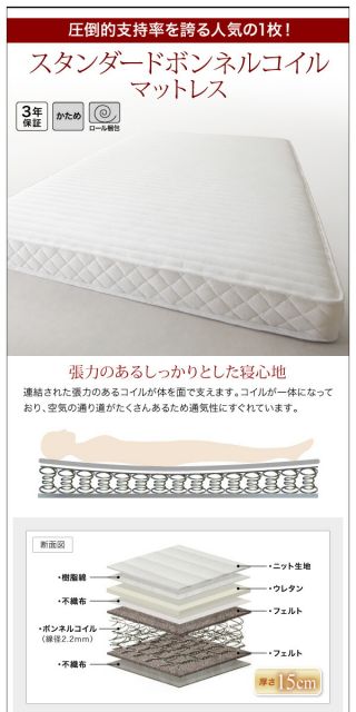 モダンライト・コンセント付き収納ベッド プレミアムボンネルコイルマットレス付き シングル