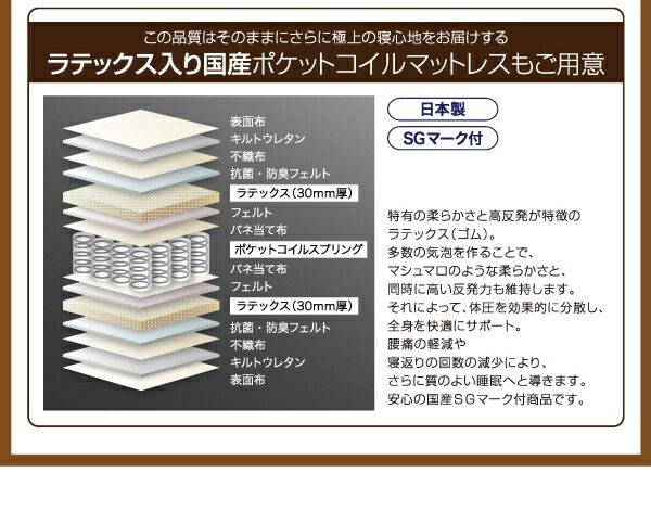 フラップ棚・照明・コンセント付多機能チェストベッド 天然ラテックス入り国産ポケットコイルマットレス付き ダブル