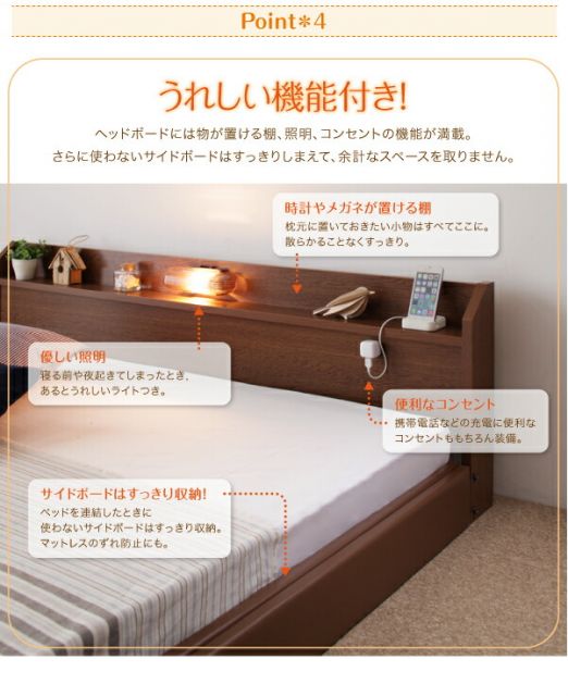スーパSALE10倍&4時間限定10%OFF 棚・照明・コンセント付ロング丈連結ベッド ポケットコイルマットレス付き ワイドK280 ロング丈