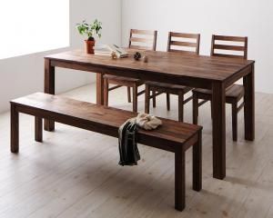 スーパSALE10倍&4時間限定10%OFF ダイニングセット(テーブル&ベンチ チェア) 総無垢材ワイドダイニング 5人 5点セット(テーブル+チェア3脚+ベンチ1脚) ウォールナット 板座 W180