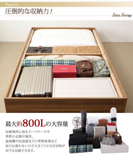 大容量収納庫付きベッド 薄型プレミアムボンネルコイルマットレス付き 浅型 ホコリよけ床板 シングル