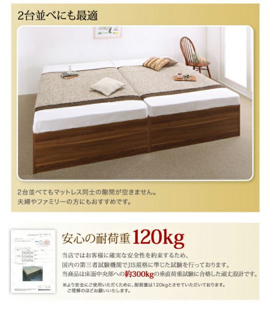 大容量収納庫付きベッド 薄型プレミアムボンネルコイルマットレス付き 浅型 ホコリよけ床板 シングル