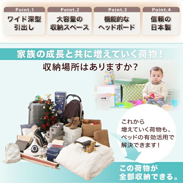 スーパSALE10倍&4時間限定10%OFF お客様組立 国産 ワイド深型引き出しチェストベッド 棚・コンセント付 薄型抗菌国産ポケットコイルマットレス付き ダブル