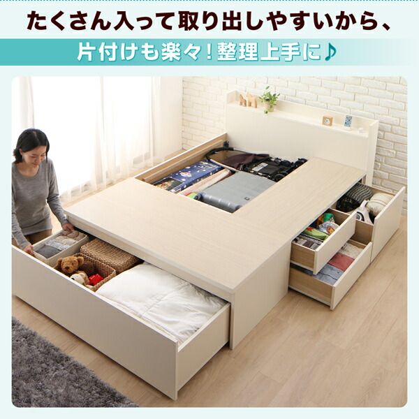 スーパSALE10倍&4時間限定10%OFF お客様組立 国産 ワイド深型引き出しチェストベッド 棚・コンセント付 薄型抗菌国産ポケットコイルマットレス付き ダブル