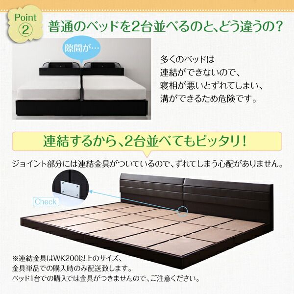 スーパSALE10倍&4時間限定10%OFF 親子で寝られる棚・コンセント付きレザー連結ベッド 国産ボンネルコイルマットレス付き ダブル