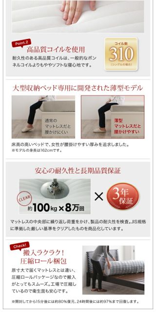 お客様組立 国産跳ね上げ収納ベッド ナチュラル 薄型スタンダードポケットコイルマットレス付き 縦開き セミダブル 深さグランド