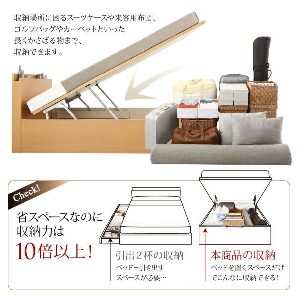お客様組立 国産跳ね上げ収納ベッド ナチュラル 薄型プレミアムボンネルコイルマットレス付き 横開き シングル 深さレギュラー