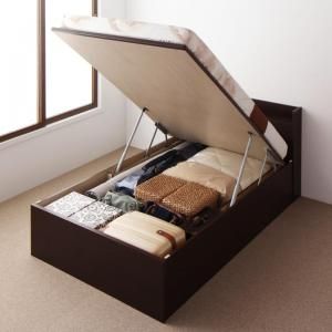 スーパSALE10倍&4時間限定10%OFF ベッド ベット マットレス付き 収納 収納付 収納ベッド 跳ね上げ 跳ね上げベッド ガス圧式 宮付き コンセント付 日本製 お客様組立 薄型プレミアムポケットコイルマットレス付 縦開 セミダブル 深さレギュラー