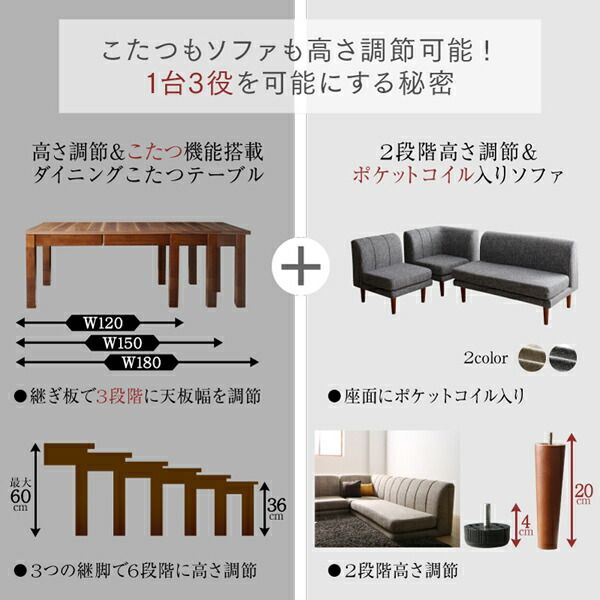 スーパSALE10倍&4時間限定10%OFF ダイニングセット(テーブル&ソファ) 高さ調節可能 3段階伸長式 大型こたつソファダイニング 5点セット(テーブル+2Pソファ2脚+1Pソファ1脚+コーナーソファ1脚) W120-180