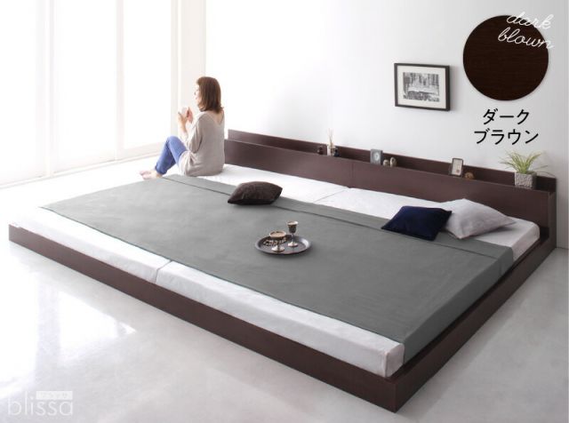 マラソン10倍中 ベッド ローベッド 棚付き ベッドフレーム マットレス付き フロア ファミリー ウォールナット ホワイト ブラック ブラウン プレミアムボンネルコイルマットレス付き ワイドK220