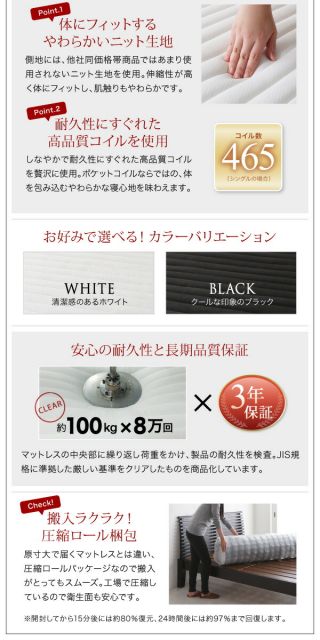 棚・コンセント付きフロアベッド スタンダードポケットコイルマットレス付き セミダブル 組立設置付