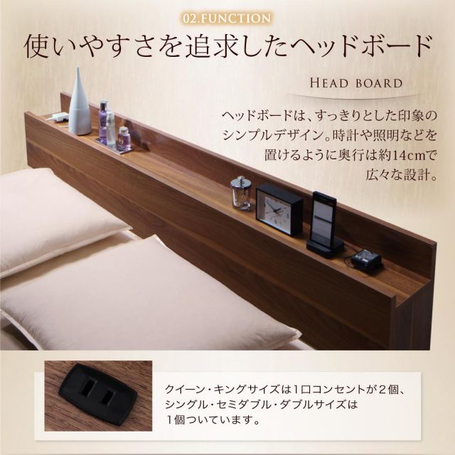 棚・コンセント付きフロアベッド 国産カバーポケットコイルマットレス付き キング(K×1) 組立設置付