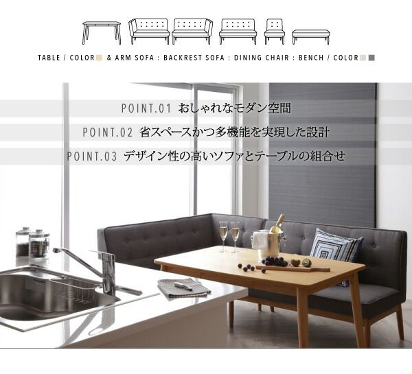 スーパSALE10倍&4時間限定10%OFF ダイニングセット(テーブル&ソファ ベンチ) モダンデザインリビングダイニングセット 5人 4点セット(テーブル+ソファ1脚+アームソファ1脚+ベンチ1脚) 右アーム W120 組立設置付