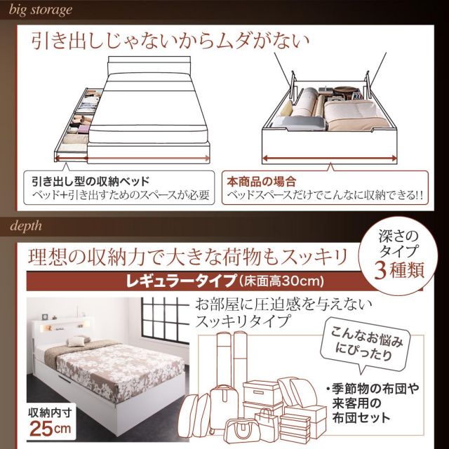 スーパSALE10倍&4時間限定10%OFF 収納付きベッド シングルベッド セミダブルベッド 収納 収納付き 収納ベッド 大容量 収納ボックス 布団 敷き布団 薄型スタンダードポケットコイルマットレス付き 横開き セミシングル 深さラージ 組立設置付