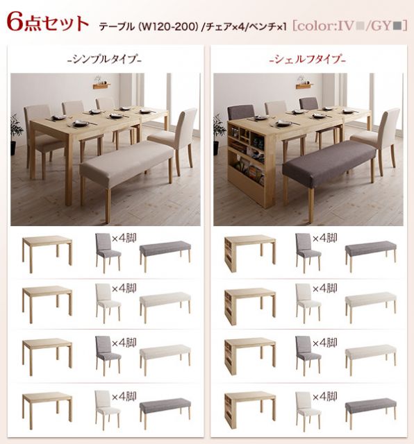 スーパSALE10倍&4時間限定10%OFF 無段階に広がる スライド伸縮テーブル ダイニングセット 6人 7点セット(テーブル+チェア6脚) シンプルタイプ W120-200 組立設置付
