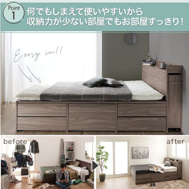 ベッド 収納付きベッド シングルベッド セミダブルベッド ダブルベッド ベット フレーム チェスト 収納 収納ベッド 大容量 キャスター付 一人暮らし グレー 白 ブラウン 宮付 おしゃれ ベッドフレームのみ シングル セミダブル ダブル 組立設置付