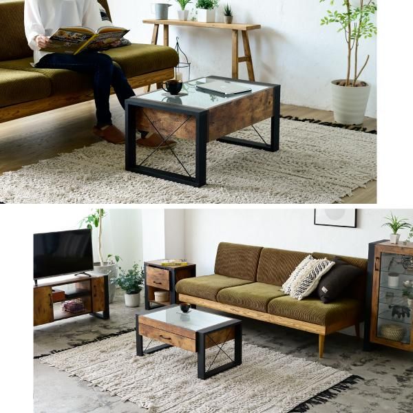 スーパSALE10倍&4時間限定10%OFF ローテーブル 収納 センターテーブル ガラス リビングテーブル ブルックリン 長方形 引き出し 収納付き 強化ガラス 一人暮らし テレワーク 在宅 MI