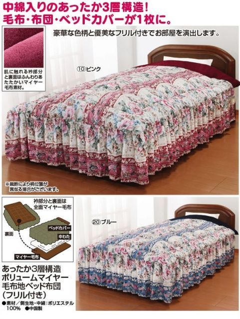 あったか3層構造ボリュームマイヤ-毛布地ベッド布団(掛け布団) セミダブルサイズ ブルー(青)代引NG