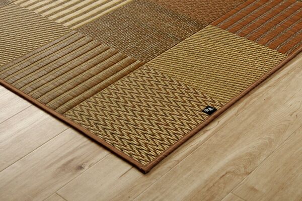 モダン い草 ラグマット/絨毯 ブラウン 約191×300cm 日本製 抗菌 防臭 消臭 調湿 自然素材 パッチワーク 〔リビング〕代引NG