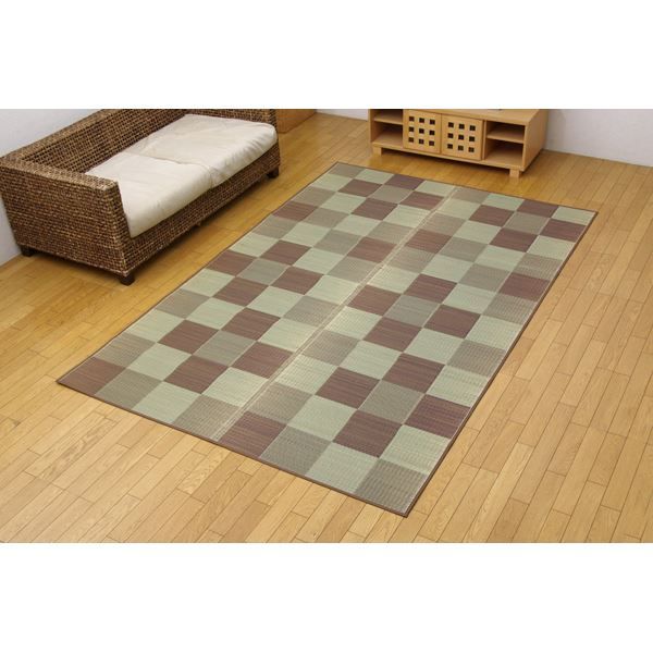 い草 花ござ/ラグマット ブロック柄 ブラウン 江戸間8畳 348×352cm 日本製 耐久性抜群 抗菌 防臭 調湿 〔リビング〕代引NG カーペット・マット・畳 マット