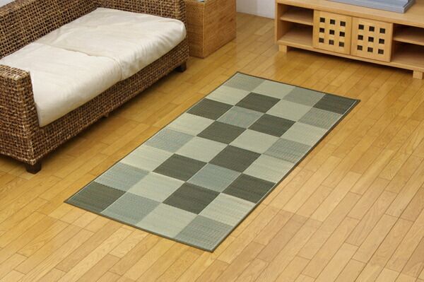 い草 花ござ/ラグマット ブロック柄 グリーン 江戸間10畳 435×352cm 日本製 耐久性抜群 抗菌 防臭 調湿 〔リビング〕代引NG カーペット・マット・畳 マット