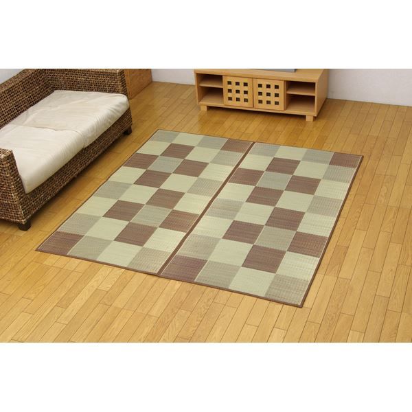 日本製 い草 花ござ/ラグマット ブロック柄 ブラウン 江戸間2畳 174×174cm 裏:ウレタン 防傷 抗菌 防臭 調湿 〔リビング〕代引NG カーペット・マット・畳 マット