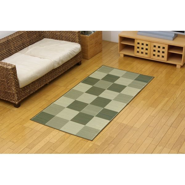 日本製 い草 花ござ/ラグマット ブロック柄 グリーン江戸間1畳 87×174cm 裏:ウレタン 防傷 抗菌 防臭 調湿 〔リビング〕代引NG カーペット・マット・畳 マット