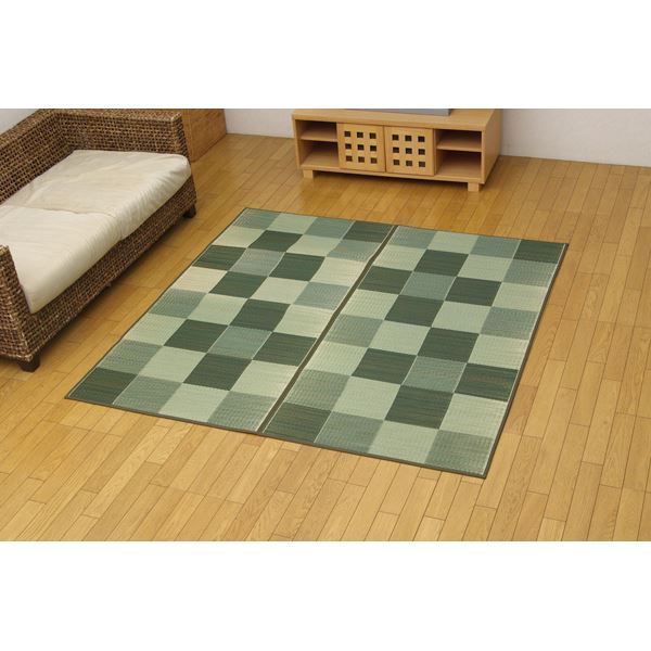 日本製 い草 花ござ/ラグマット ブロック柄 グリーン 江戸間2畳 174×174cm 裏:ウレタン 防傷 抗菌 防臭 調湿 〔リビング〕代引NG カーペット・マット・畳 マット