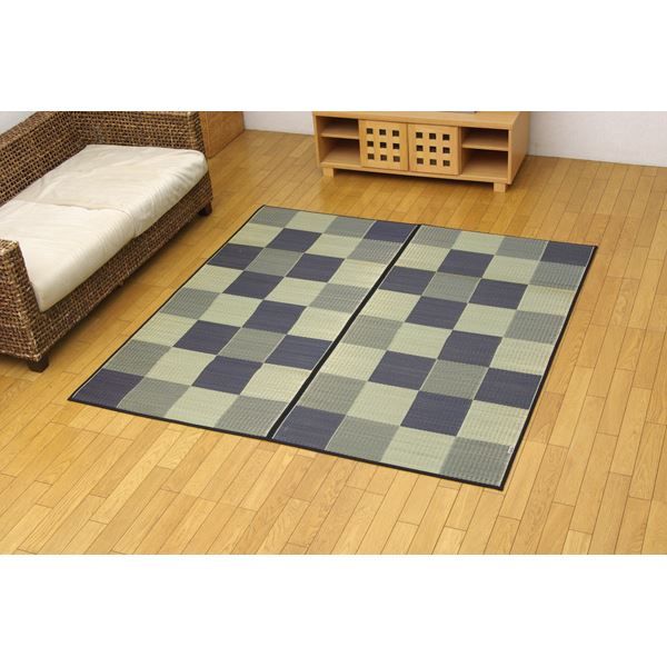 日本製 い草 花ござ/ラグマット ブロック柄 グレー 江戸間2畳 174×174cm 裏:ウレタン 防傷 抗菌 防臭 調湿 〔リビング〕代引NG カーペット・マット・畳 マット
