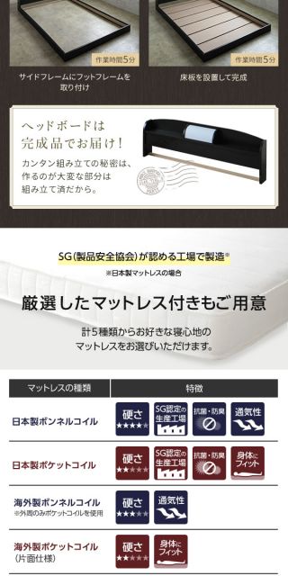 ヘッドボード付き シンプル ローベッド ダブルサイズ (SGマーク国産ポケットコイルマットレス付き) ライト付き 棚付き 低床 合皮レザーフレーム 低ホルムアルデヒド 国産ベッドフレーム ブラウン代引NG ベッド