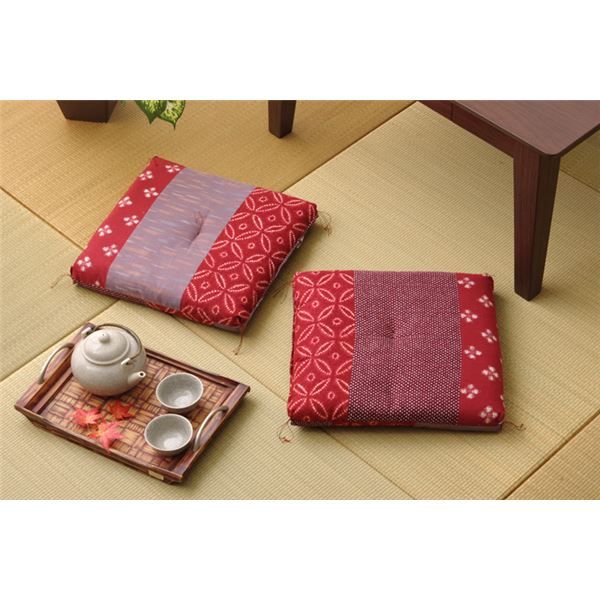 和柄 小座布団 エンジ 2枚組 側サイズ 約40×40cm 製品サイズ 約37×37cm 綿100% 日本製 〔リビング 居間 店舗〕代引NG クッション・座布団 クッション