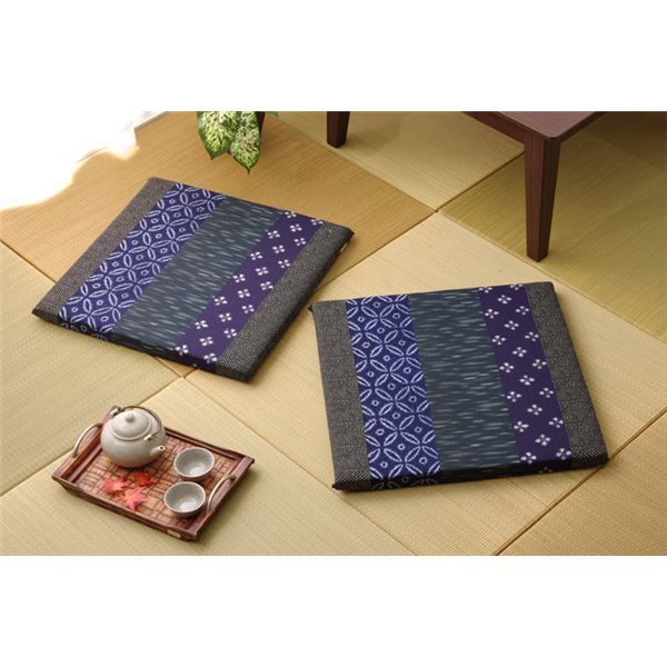 和柄 座布団 ブルー 約55×55cm 2枚組 綿100% 日本製 絣和柄 座布団 〔リビング 居間 店舗〕代引NG クッション・座布団 クッション