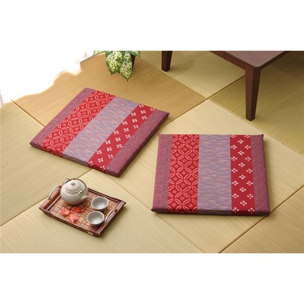 和柄 座布団 エンジ 約55×55cm 2枚組 綿100% 日本製 絣和柄 座布団 〔リビング 居間 店舗〕代引NG クッション・座布団 クッション