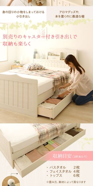 多機能ヘッドボード付き カントリーテイストベッド シングルサイズ (SGマーク国産ポケットコイルマットレス付き) 宮棚付き ライト付き 国産ベッドフレーム 木目調 低ホルムアルデヒドホワイト 引き出し別売代引NG
