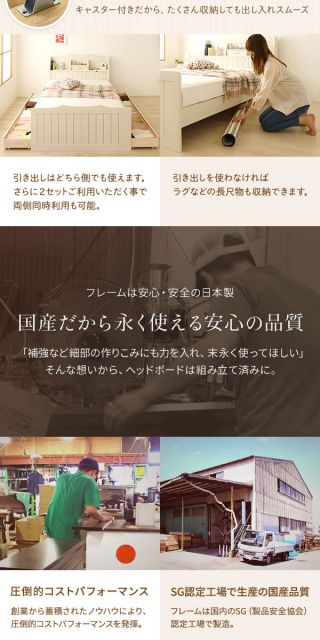 多機能ヘッドボード付き カントリーテイストベッド シングルサイズ (SGマーク国産ポケットコイルマットレス付き) 宮棚付き ライト付き 国産ベッドフレーム 木目調 低ホルムアルデヒドホワイト 引き出し別売代引NG
