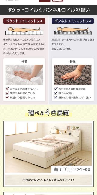 多機能ヘッドボード付き 収納ベッド ダブルサイズ (SGマーク国産ポケットコイルマットレス付き) コンセント付き 大容量 引き出し2杯付き 低ホルムアルデヒド 国産ベッドフレーム ホワイト 白 代引NG