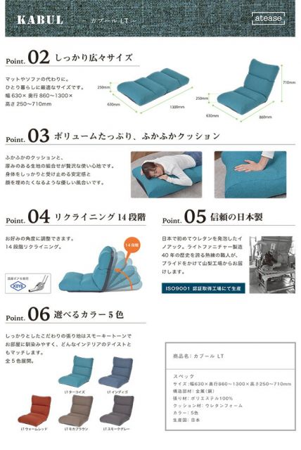 ふかふか座椅子 リクライニング ソファー ターコイズ 日本製 『KABUL-LT』