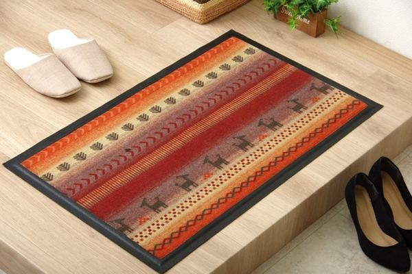 スーパSALE10倍&4時間限定10%OFF ギャッベ柄 玄関マット/フロアマット 【レッド 約50×80cm】 長方形 洗える 屋内 屋外共用 〔入口 ポーチ テラス〕【代引NG】