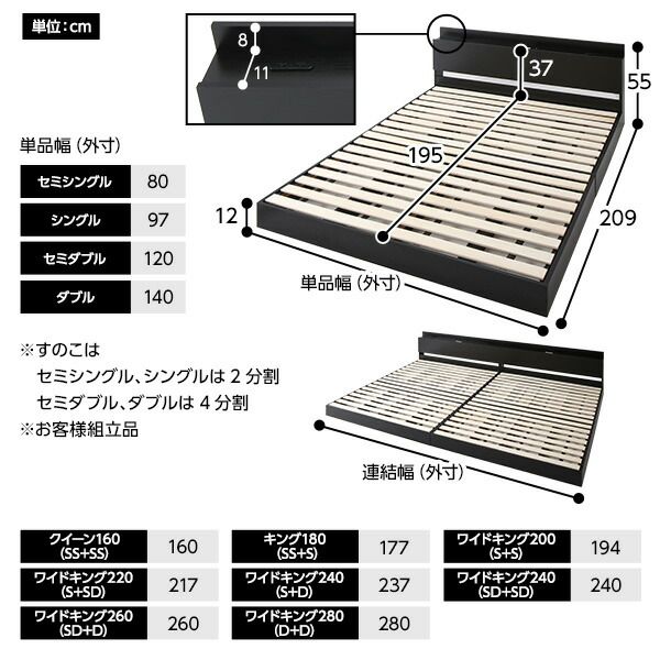 宮棚付き ローベッド 連結ベッド ワイドキングサイズ 240(S+D) ポケットコイルマットレス付き スノコ構造 ヘッドボード付き LEDライト付き 2口コンセント付き 木目調 頑丈 ホワイト