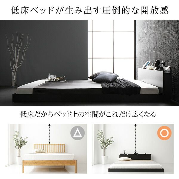 スタイリッシュ ローベッド すのこベッド シングルサイズ ボンネルコイルマットレス付き 宮棚付き 2口コンセント付き 木目調 通気性抜群 メラミン樹脂加工板 頑丈 ブラック