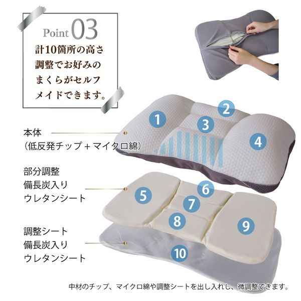 まくら 枕 セルフメイド 10箇所調整 健康まくら 洗える 低反発チップ 備長炭入りウレタンシート 寝具 35cm×52cm 医学博士おすすめ代引NG