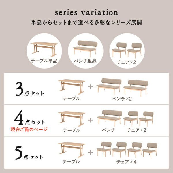 ダイニング4点セット(テーブル×1、ベンチ×1、チェア×2) ライトグレー 組立品代引NG