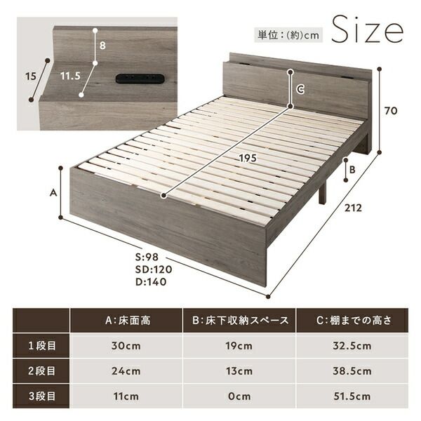 ベッド シングル 2層ポケットコイルマットレス付 ストーングレー 3段階 高さ調整可 コンセント 宮付 宮棚付 棚付 すのこ 頑丈 丈夫 ベッドフレーム ローベッド すのこベッド フロアベッド シングルベッド ベット 寝具 インテリア家具 ベッドルーム 寝室