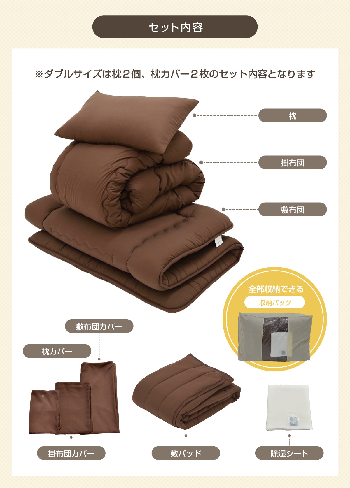 日本製布団セット 寝具セット(シングル・セミダブル・ダブル)ボリューム掛布団 3層式敷き布団 低反発チップ入り枕 ふとんカバーセット 除湿シート 敷パッド 収納袋入り